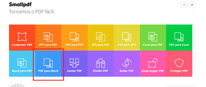 Página inicial do site para converter pdf em word